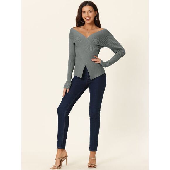 Wrap Fall Winter Ribbed Long Sleeve V Neck Criss Cross Sweater Tops Grey - Picture 3 of 5